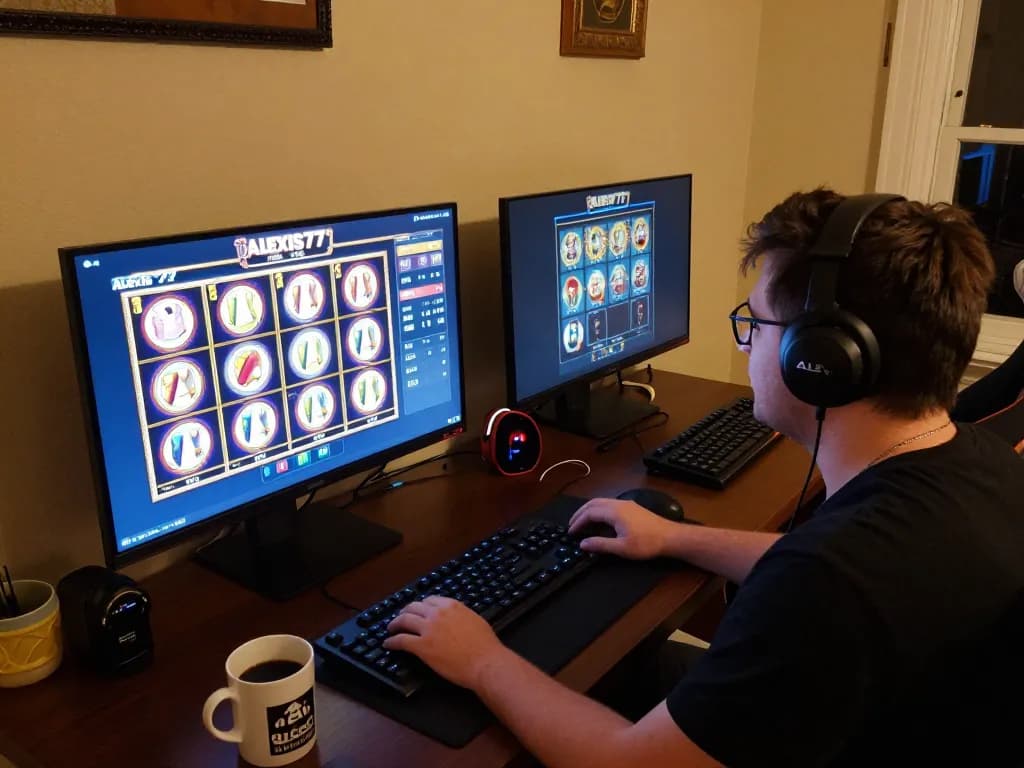 Player enjoying vibrant alexis77 slot games on a cozy home setup.