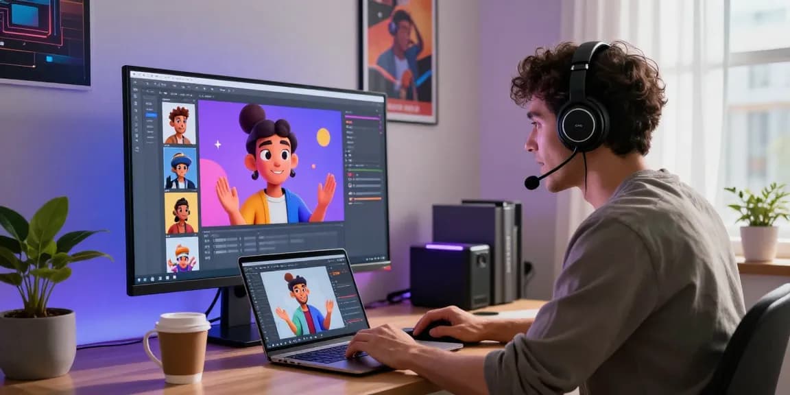 Engaged user exploring crushonai AI character interactions in a modern home office.