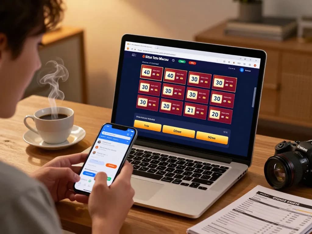 Situs Toto Macau online betting interface showing 4D and 3D tickets on a laptop, capturing excitement in home gaming.