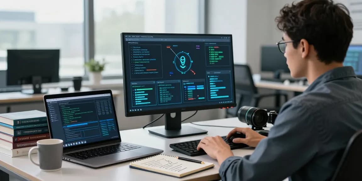 Cybersecurity expert analyzing shs-dome5.com security threats in a modern office setup.