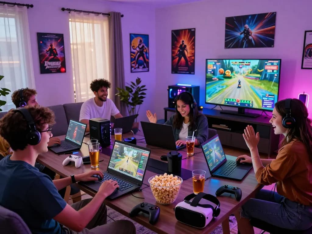 Friends enjoying a gaming session on go88 platform in a lively living room.