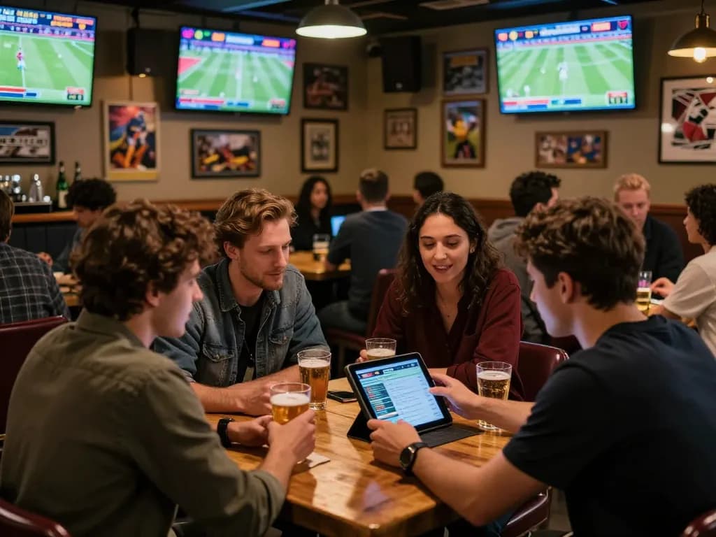 Excited sports bettors analyzing odds at say88 in a lively sports bar setting.