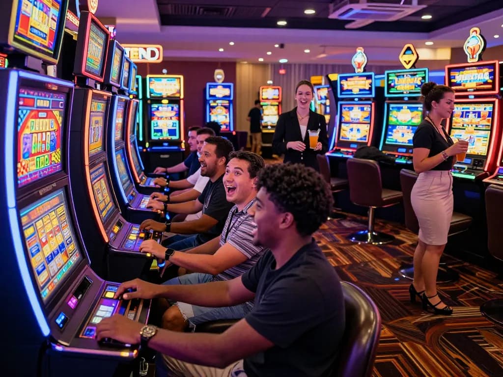 Guests enjoying link slot machines in a vibrant casino atmosphere filled with excitement and colorful lights.