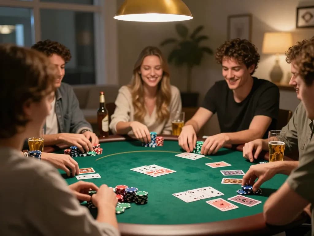 Friends enjoying a competitive game night at home, engaging in poker strategies with the 789win casino.