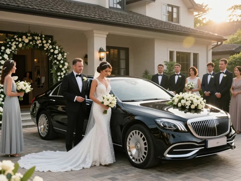 thuê xe cưới Mercedes trong một bối cảnh cưới sang trọng với trang trí tinh tế và cặp đôi hạnh phúc