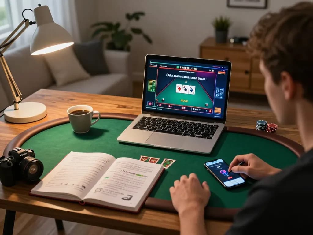 G28 player strategizing online poker game in a cozy home setup with betting app and notes.