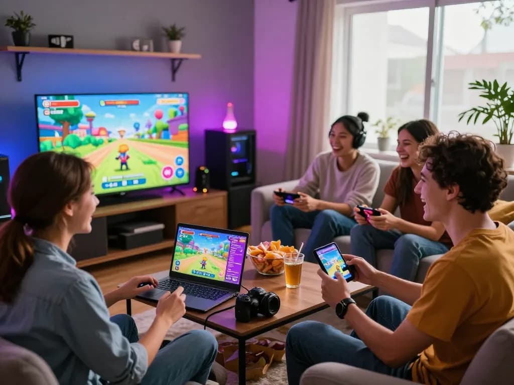 Group enjoying xxx games in a cozy gaming room with interactive devices.