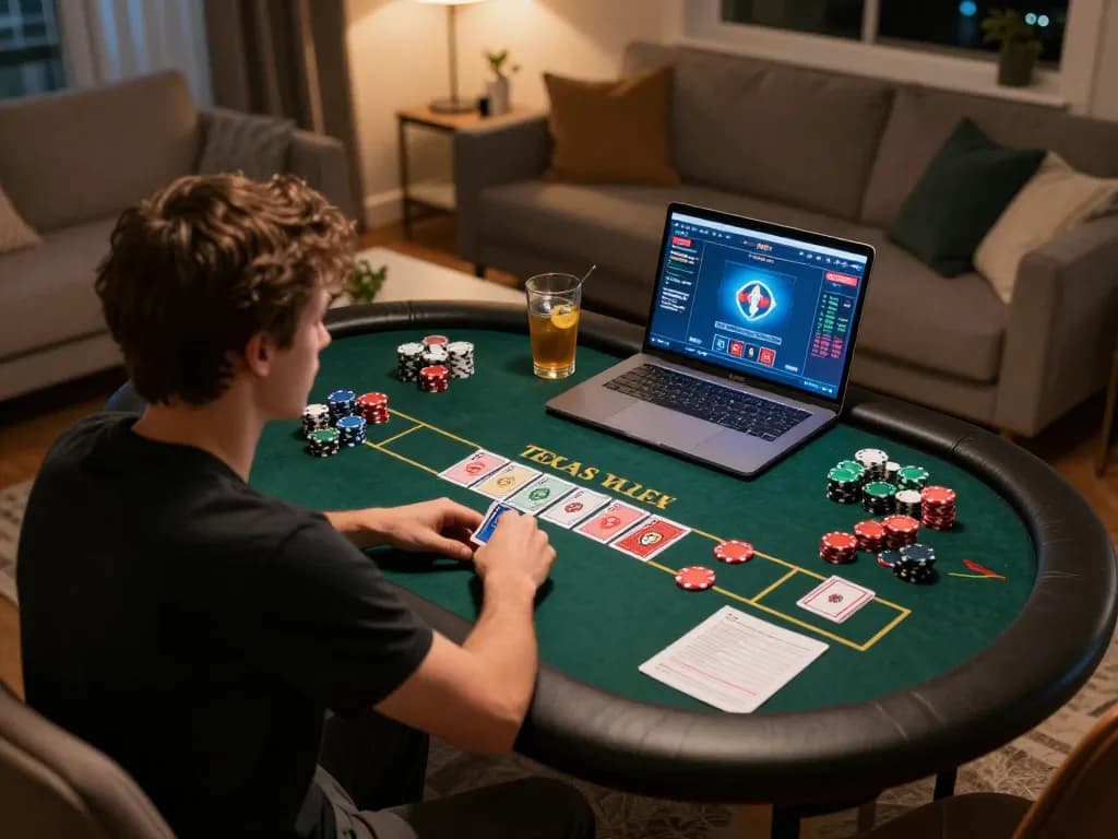 Player enjoying a thrilling game of poker on DH88 with chips stacked, showcasing strategic gameplay in warm home setting.