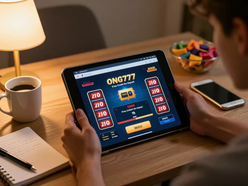 Enjoying online gambling with ONG777 Free Credit No Deposit e-wallet on a tablet in a cozy home