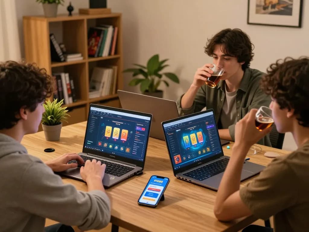 Engaged players enjoying FIVE88 online casino games at home, celebrating a winning moment with cheerful expressions.
