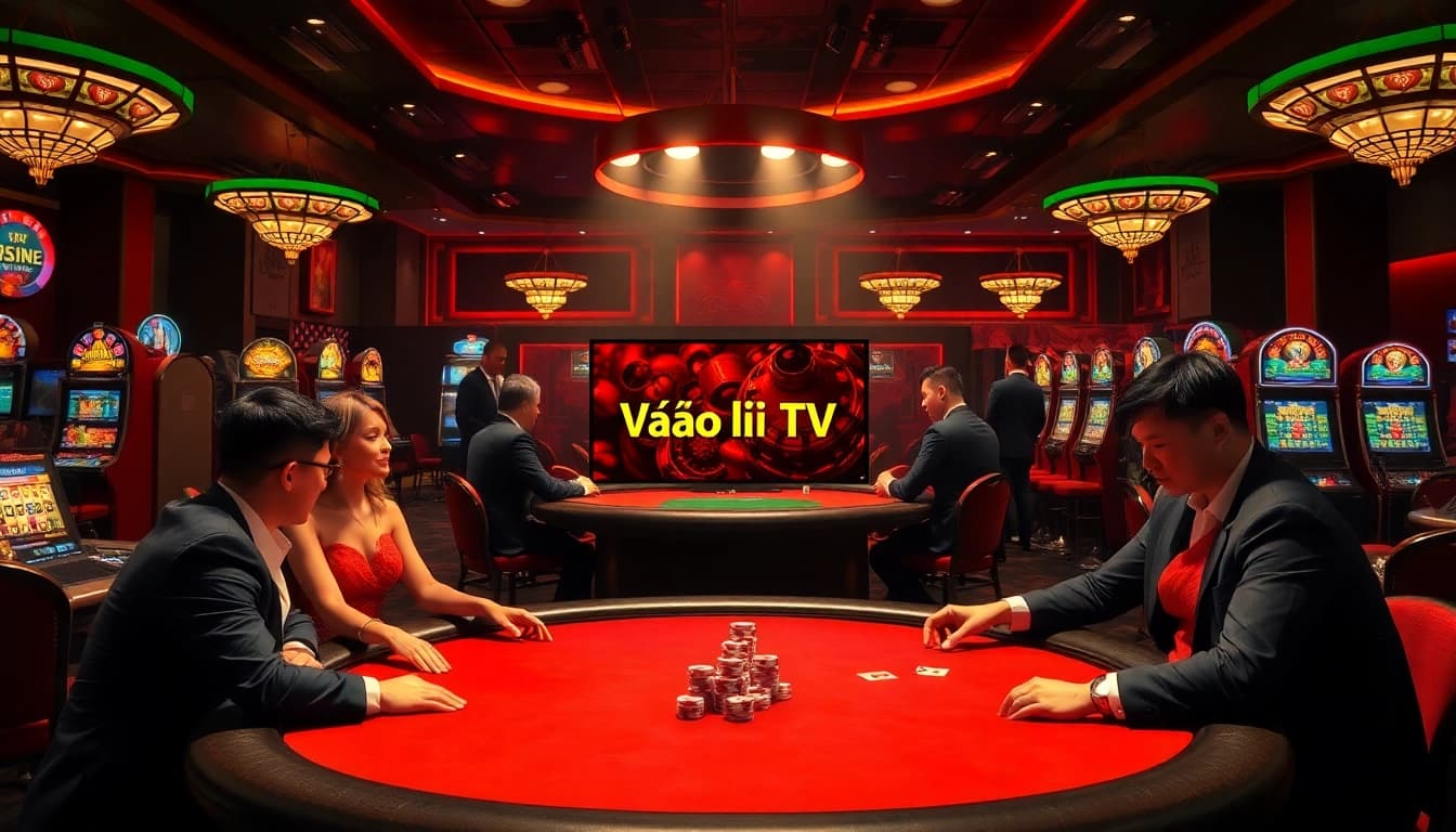 Exciting poker game at a luxurious casino themed around Vào lưới TV with colorful chips and elegant players.