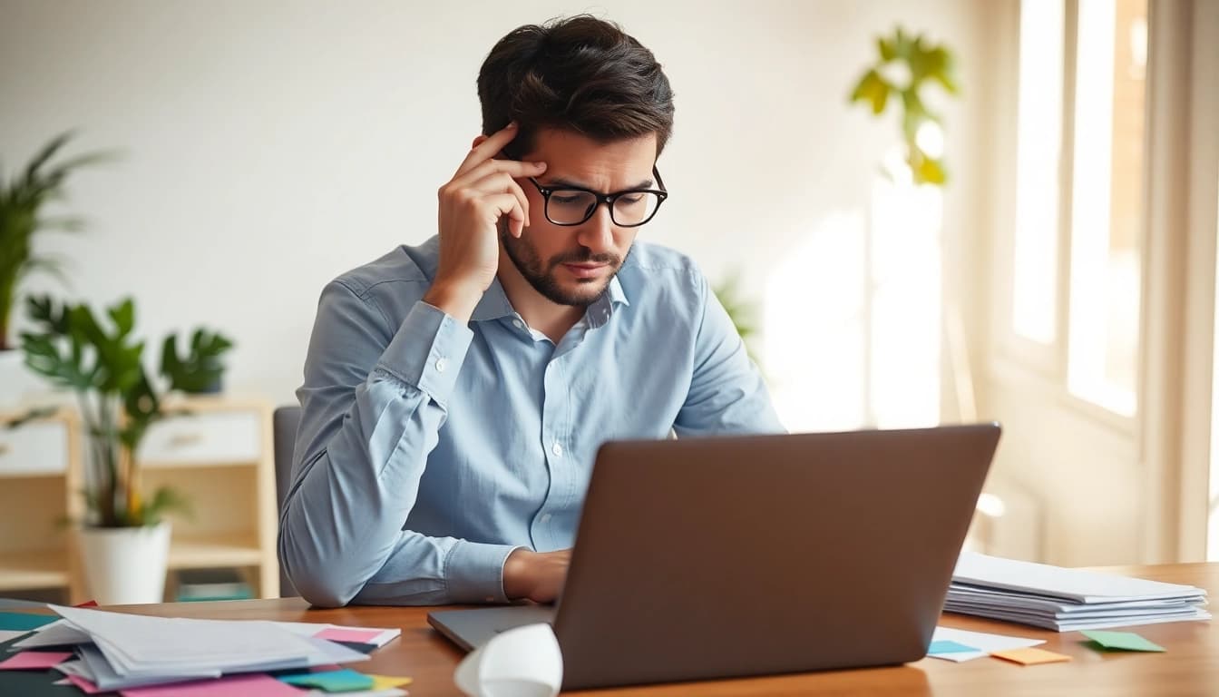 Individuals experiencing brain fog in a bright, disorganized workspace, showcasing concentration struggles.