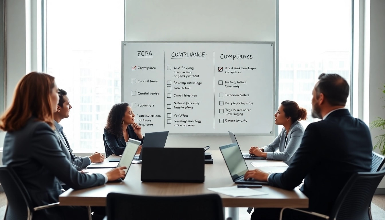 Engaging team collaboration on FCPA/DCAA/Flowdown/ITAR/EAR compliance in a modern office.