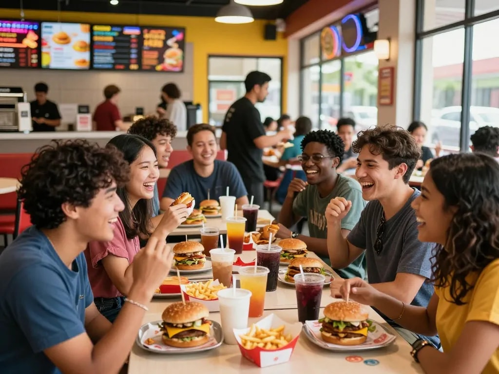 Friends enjoying a diverse fast food menu during lunch at a lively restaurant.
