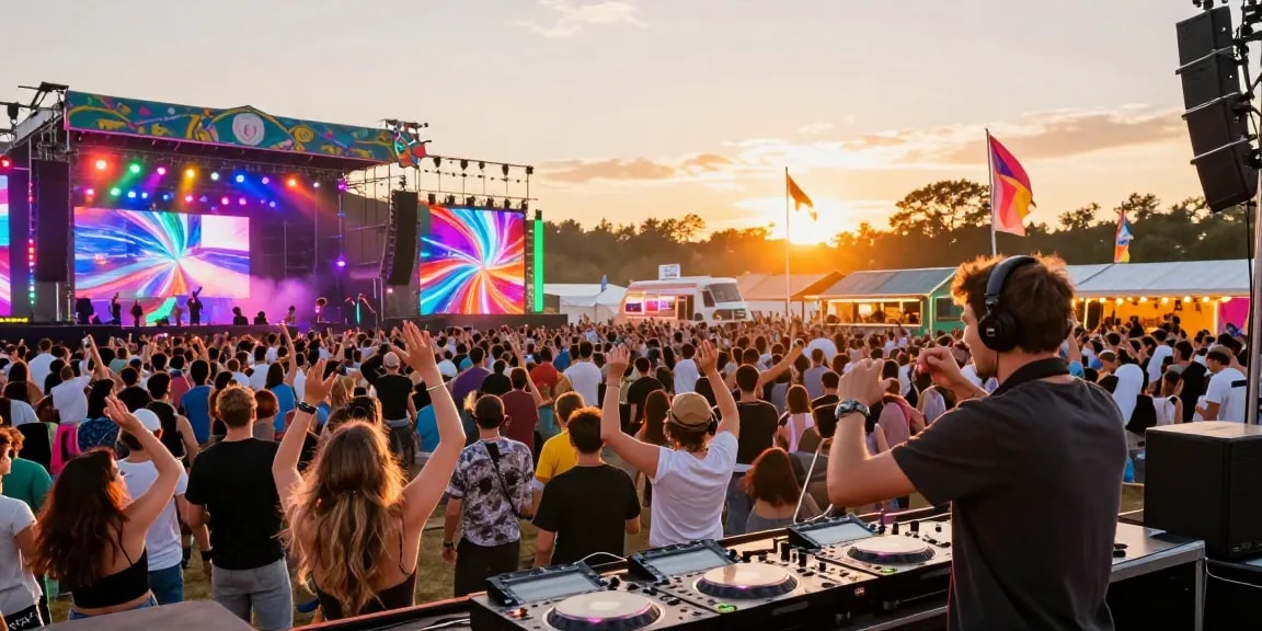 DJARUMBOS music festival scene with DJ mixing tracks and energetic crowd enjoying the vibrant atmosphere.