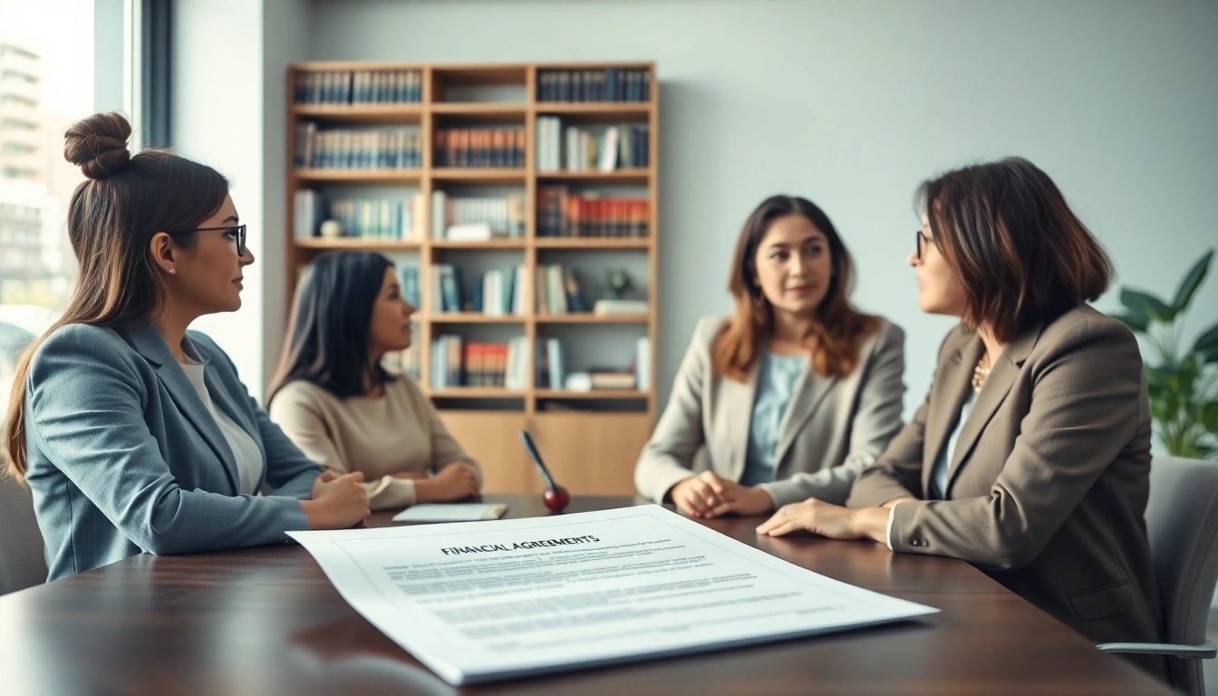 Family Law Financial Agreements discussion between a lawyer and clients in a well-lit office.