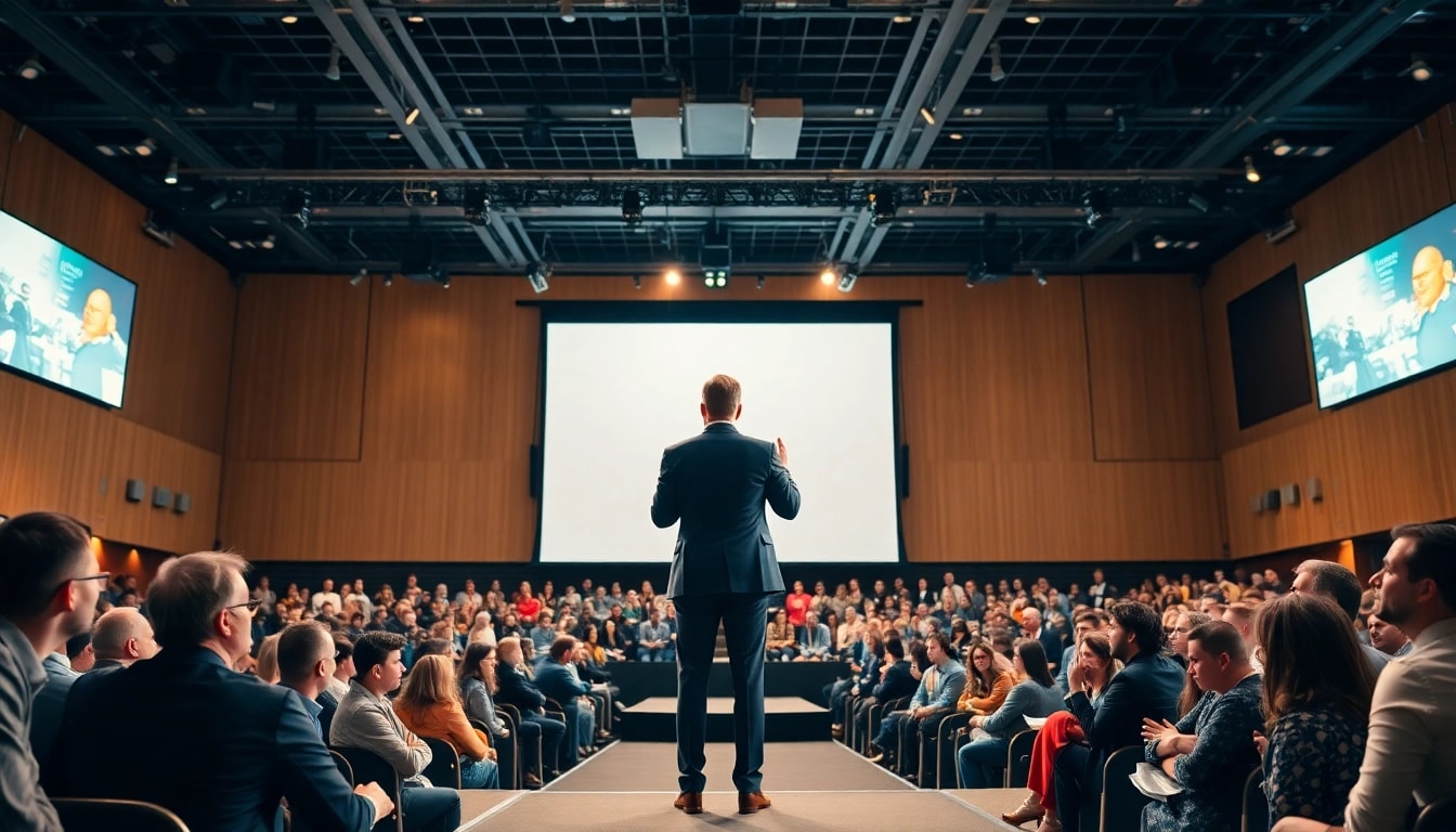 Keynote Speaker captivating an audience with confidence at a professional event.
