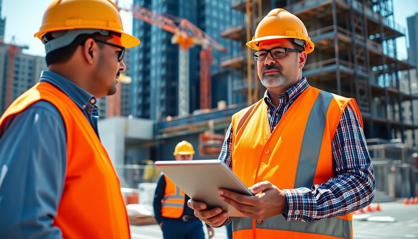 Manhattan Construction Manager directing a busy construction site with cranes and blueprints.