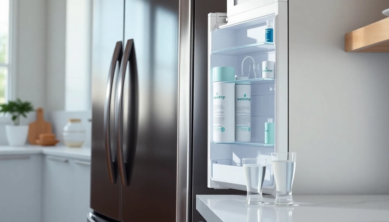 Waterdrop WF1CB Replacement for Frigidaire® PureSource WFCB in a modern refrigerator, showcasing fresh water filtration.