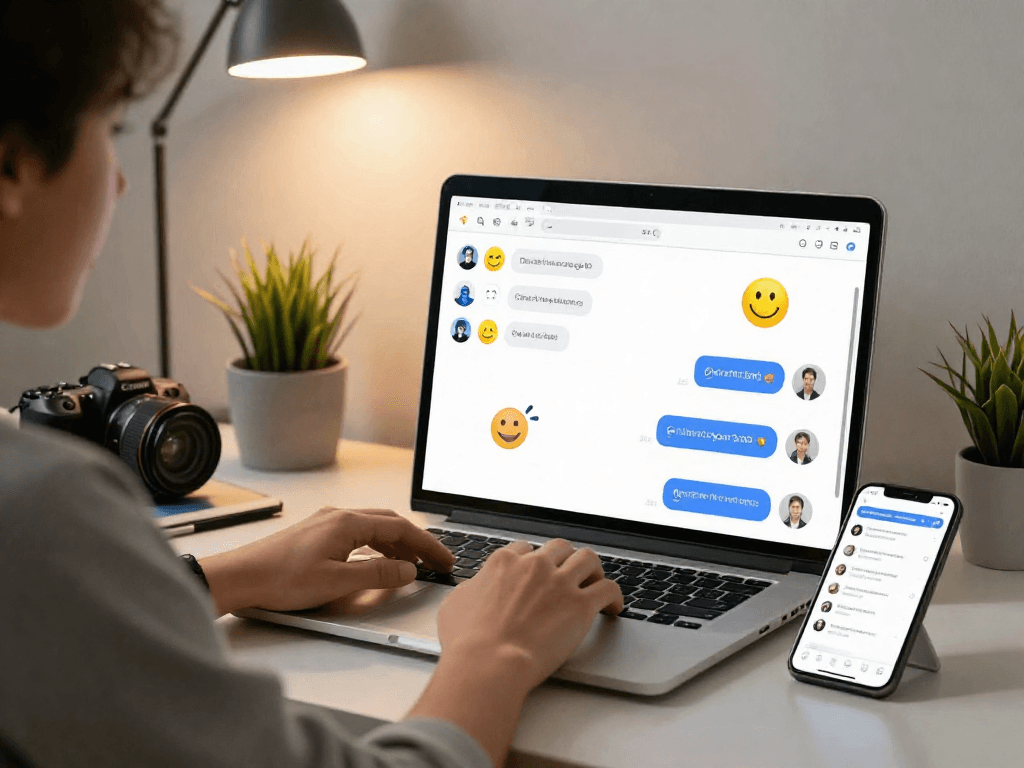 An engaging scene of a user interacting with an nsfw chat bot on a modern laptop in a vibrant workspace.