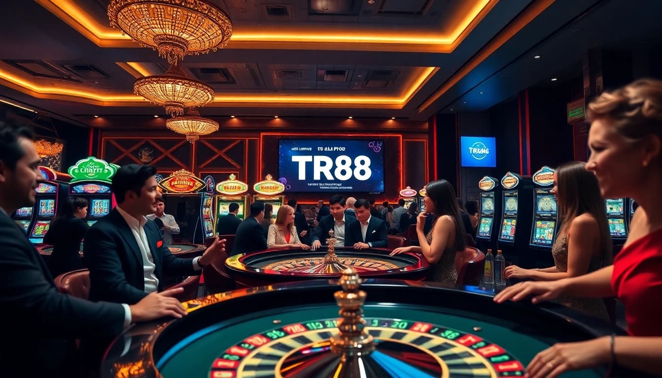 Experience the excitement of TR88 betting at an elegant casino with vibrant slot machines and roulette tables.