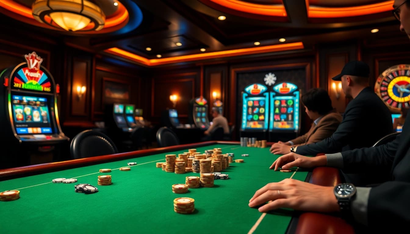 Nohu90 players engaging in a high-stakes poker game with colorful chips and a vibrant casino atmosphere.