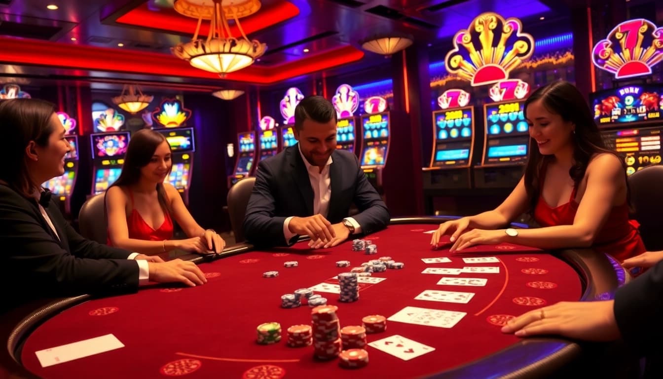 Experience the thrilling atmosphere of Jun88 online casino with vibrant gaming tables and exciting slot machines.