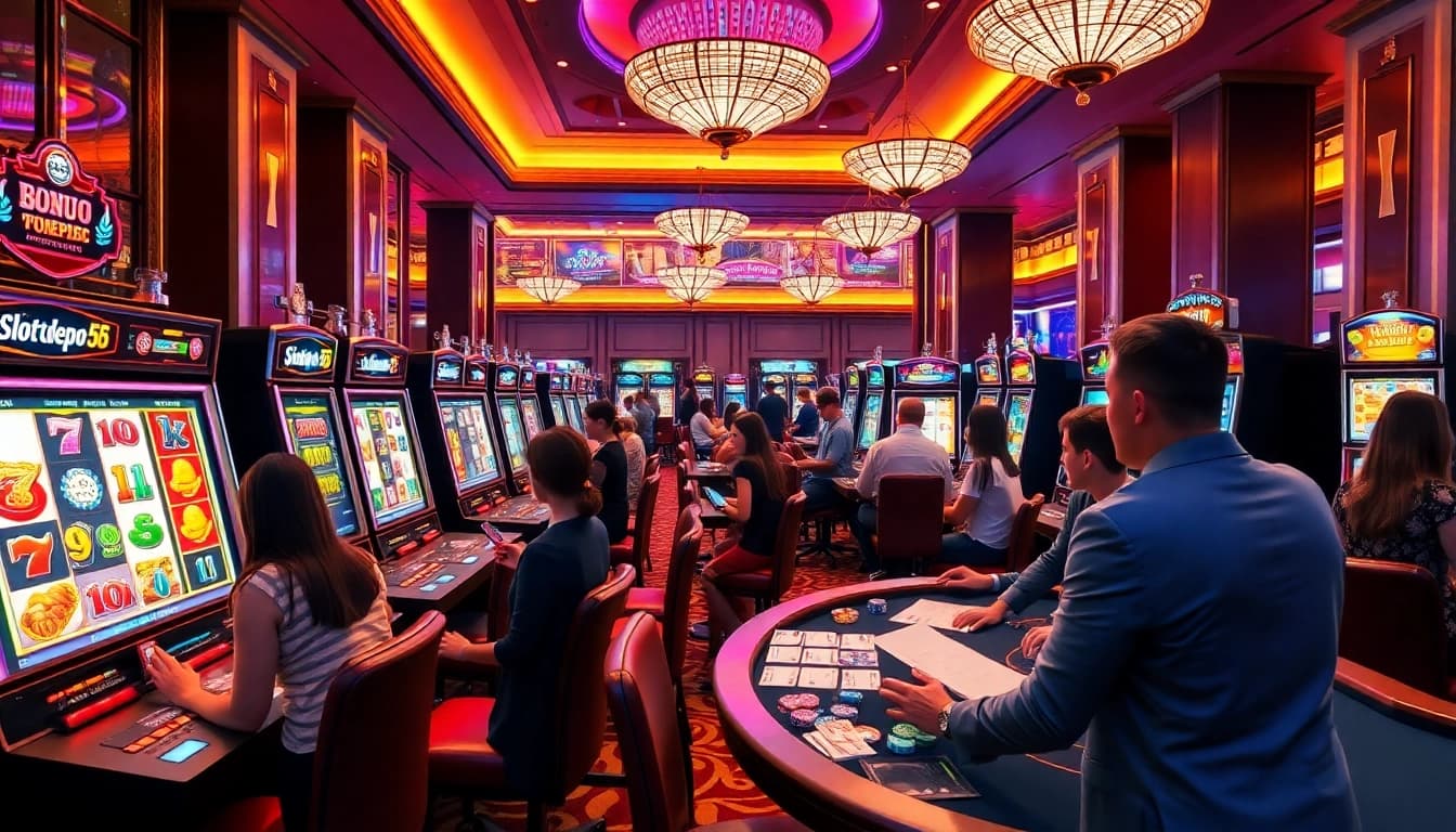 Experience thrilling gameplay at a luxury casino featuring vibrant slot depo 5rb machines and eager players.