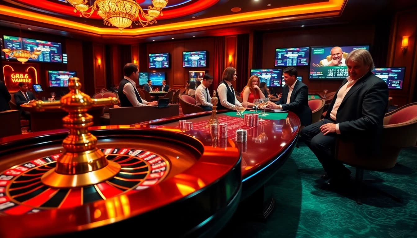 A dynamic gg88 com casino scene featuring a roulette wheel, poker chips, and players engaged in high-stakes gaming.