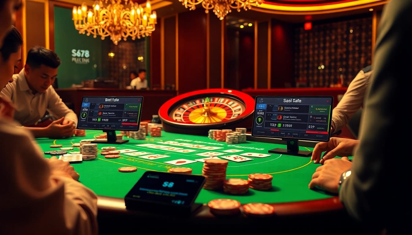 S8 poker table scene with colorful chips and players, capturing excitement in a casino.
