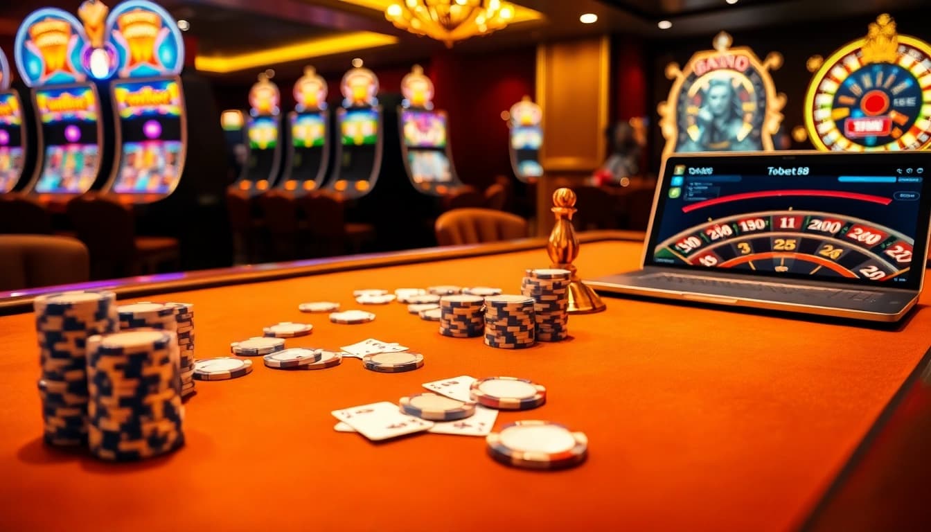Tobet88 gaming table with poker chips and slot machines creating a luxurious casino atmosphere.