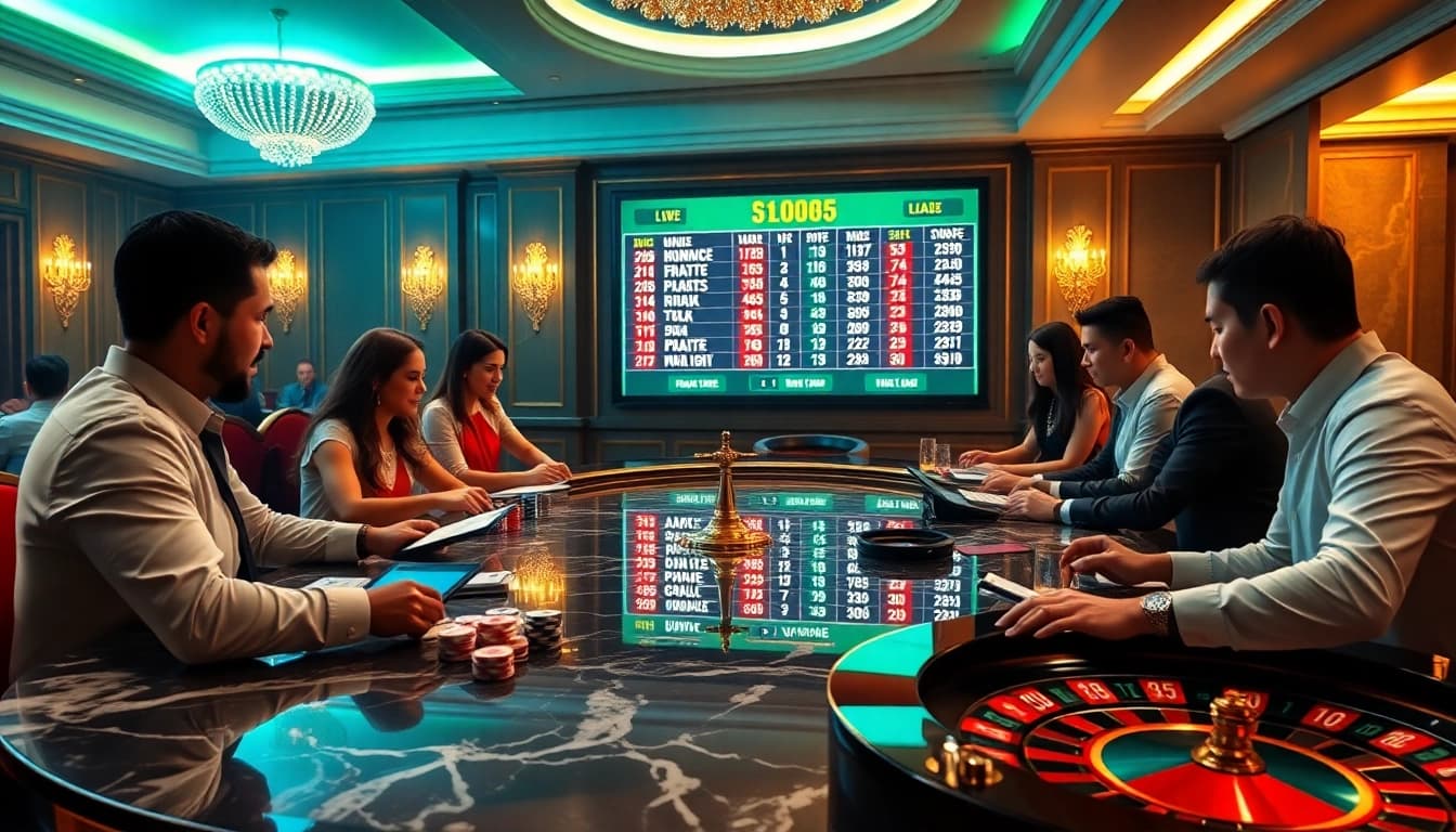 Kèo nhà cái 5 displaying dynamic betting options at a luxurious casino table with players engaged.