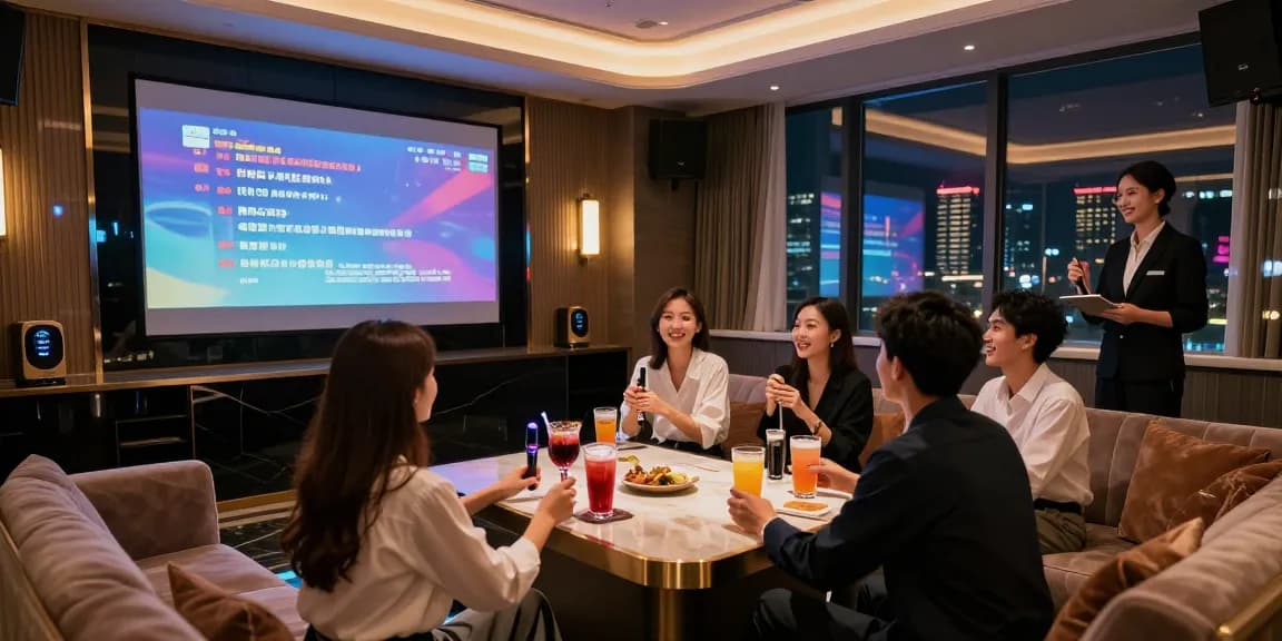 강남쩜오에서 즐기는 프리미엄 노래방의 고급스러운 분위기와 고객의 즐거운 모습