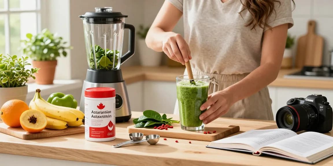 Canadian astaxanthin brand smoothie preparation with fresh ingredients in a sunny kitchen.
