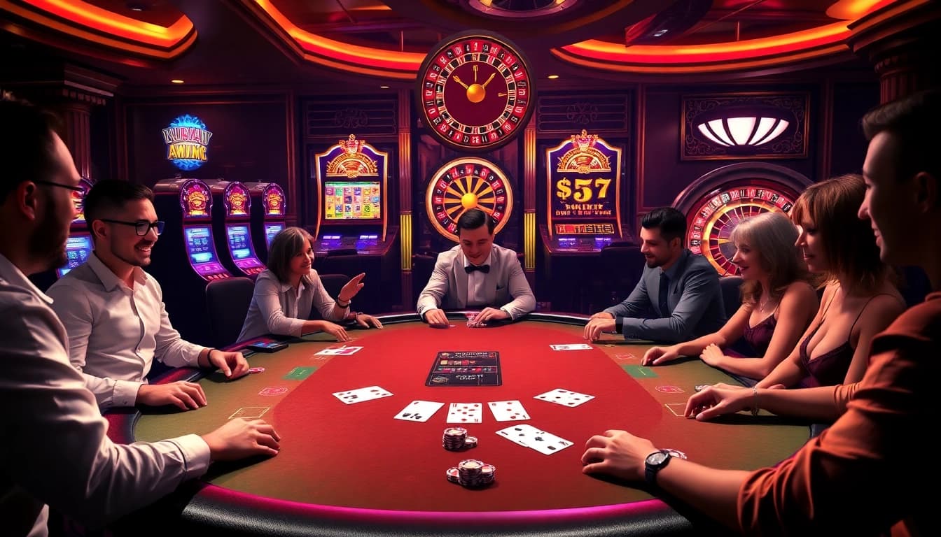 Players strategizing at the poker table at hay.win, enjoying the excitement of a live casino.