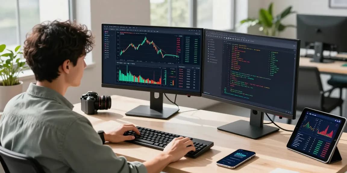 BSE live stock quote API displayed on dual monitors in a modern workspace, showcasing real-time market data and coding environment.