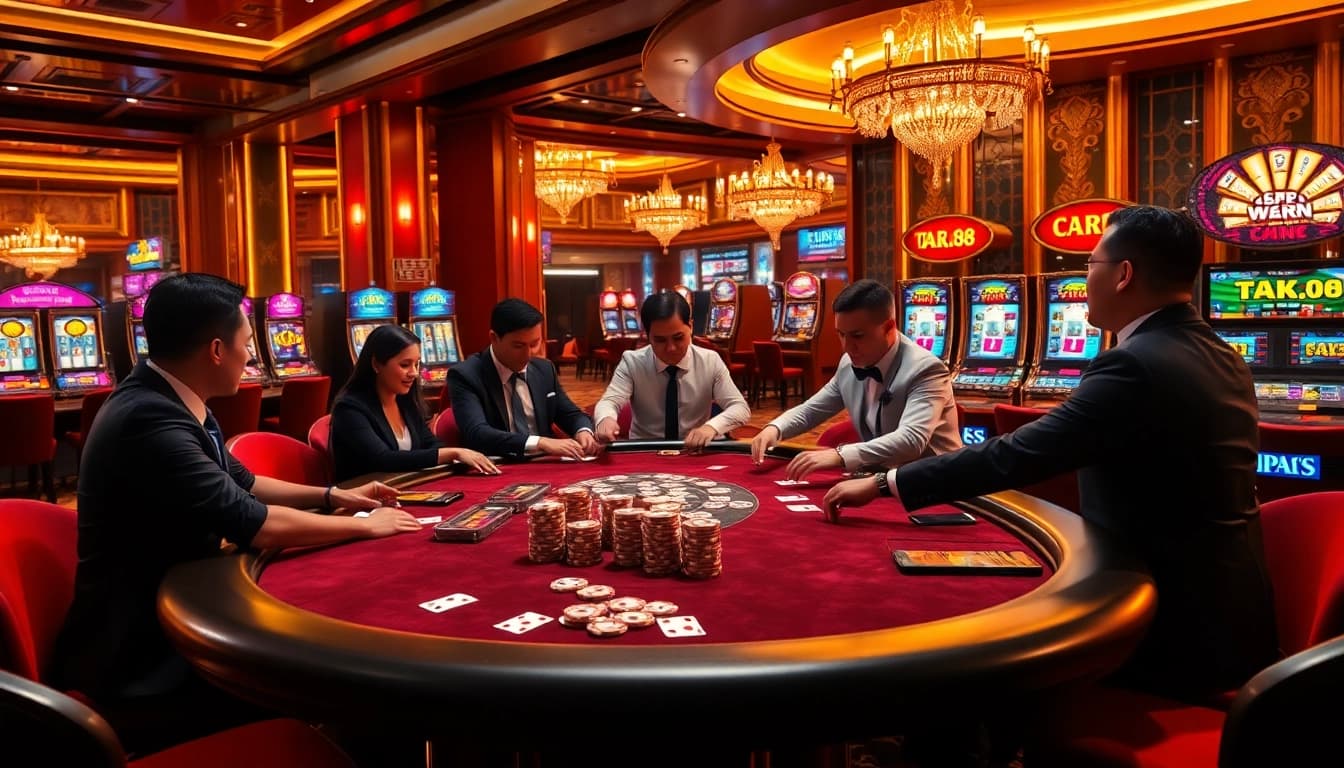 Engaging in high-stakes poker at TK88 casino, showcasing a lively atmosphere of excitement and luxury.