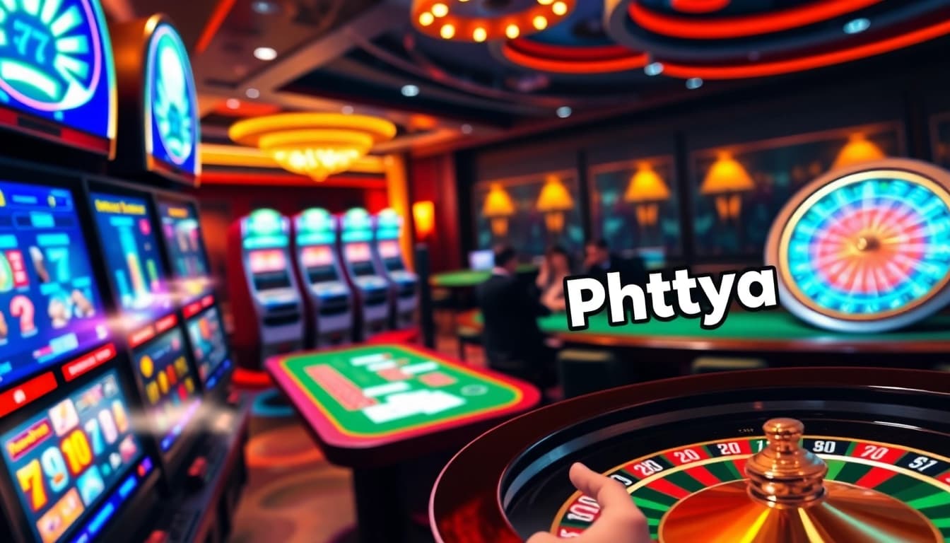 Phtaya gaming table with players enjoying poker and vibrant slot machines spinning.