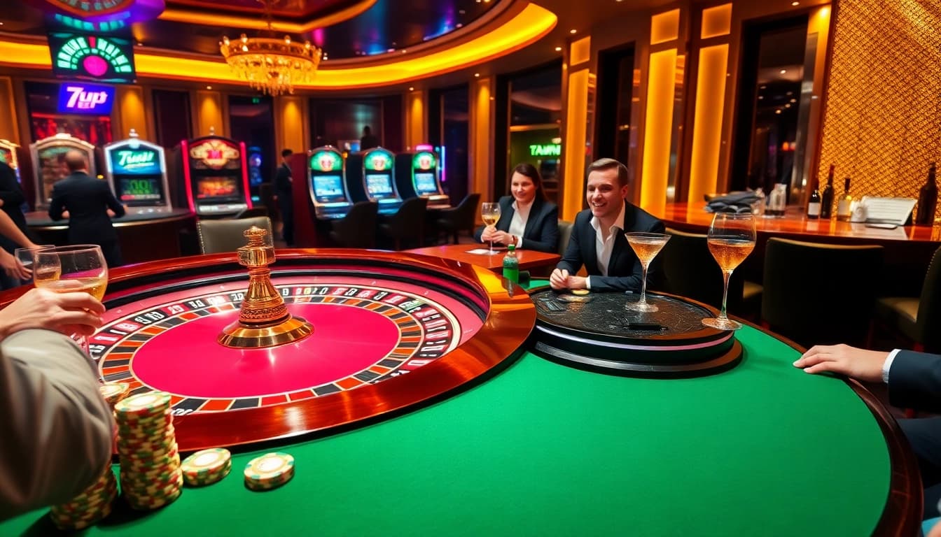 Experience the thrill of 7upbet with a stunning casino scene showcasing roulette and poker in action.