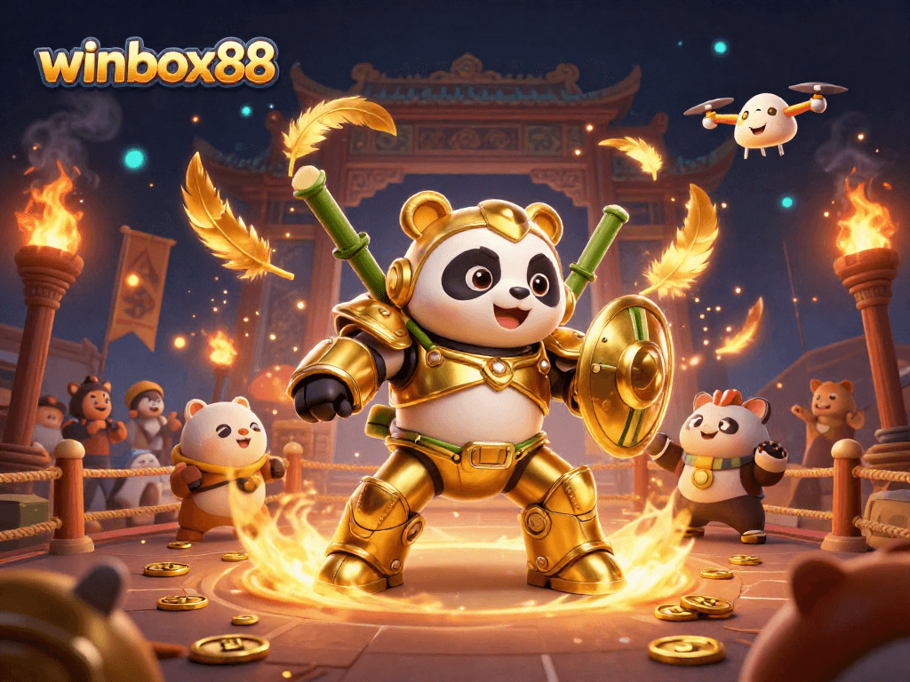 Experience thrilling gameplay at winbox88 with a golden panda in a mech-suit amidst a vibrant festival atmosphere.