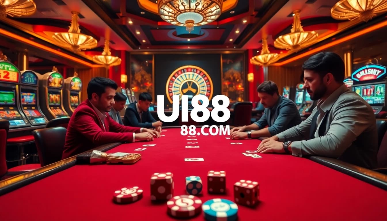 Engage in thrilling poker games at UU88.COM with professional players at an opulent casino table.