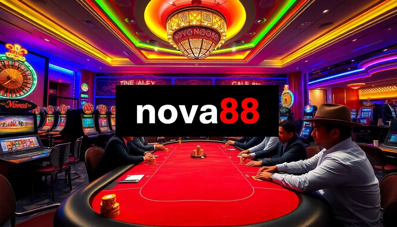 Engaged players at a Nova88 poker table in a vibrant casino atmosphere.