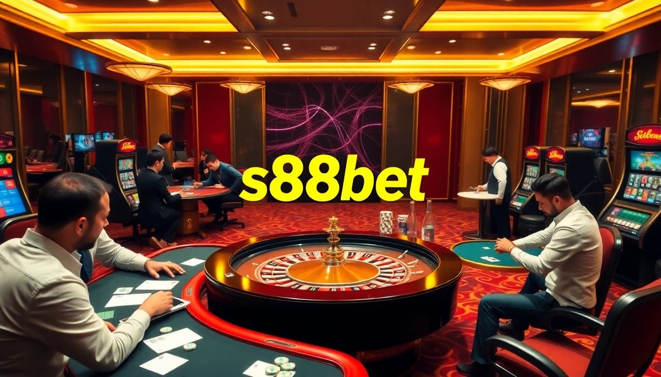 S88bet players betting on exciting games at a luxurious casino.