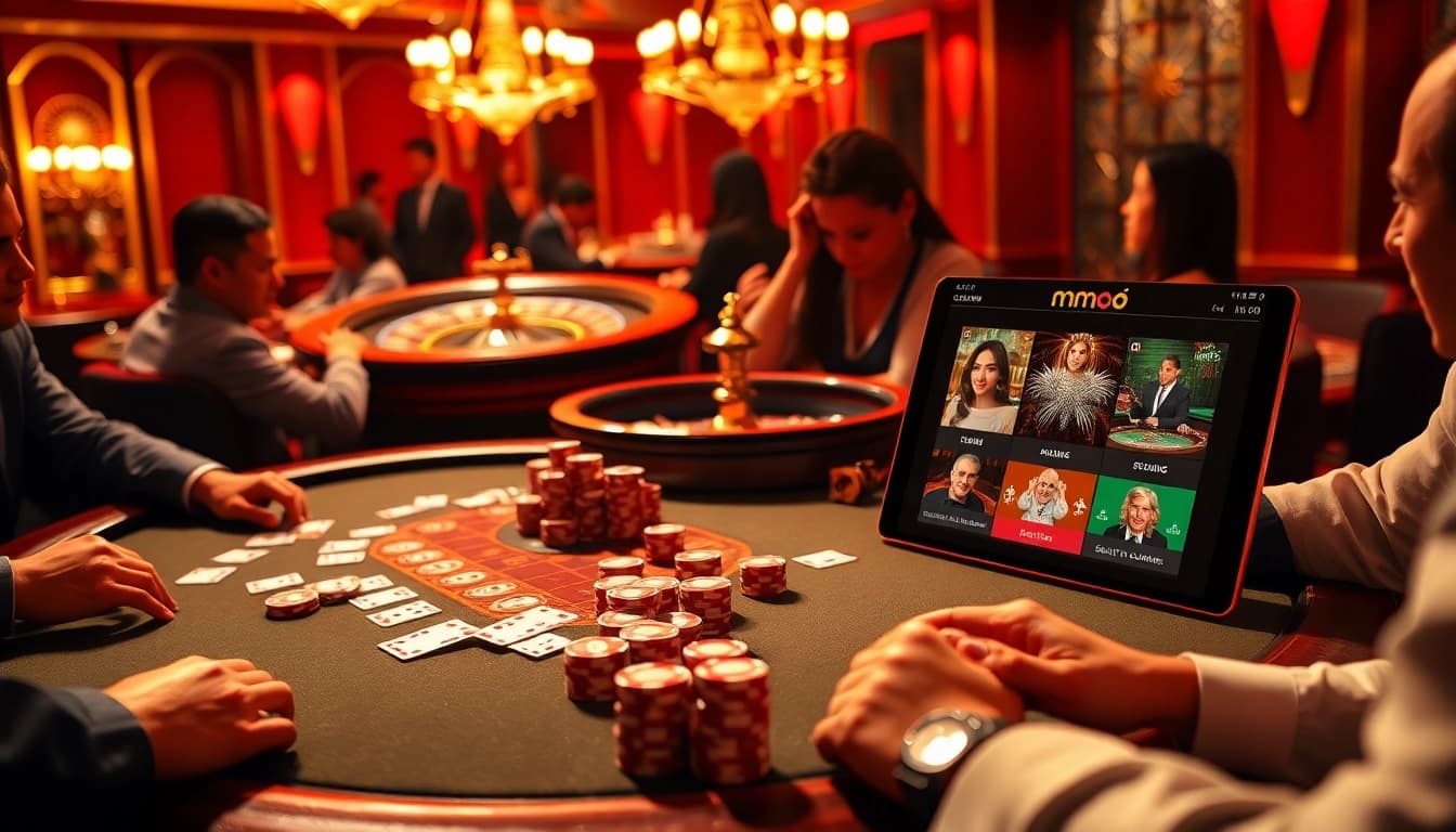 Experience the excitement of mmoo giải trí online with players at a high-stakes poker table, surrounded by vibrant casino elements.