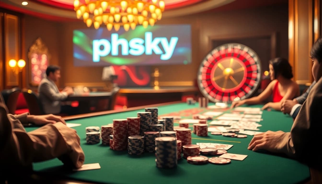 PHSKY poker action at a luxurious casino table with vibrant chips and cards.