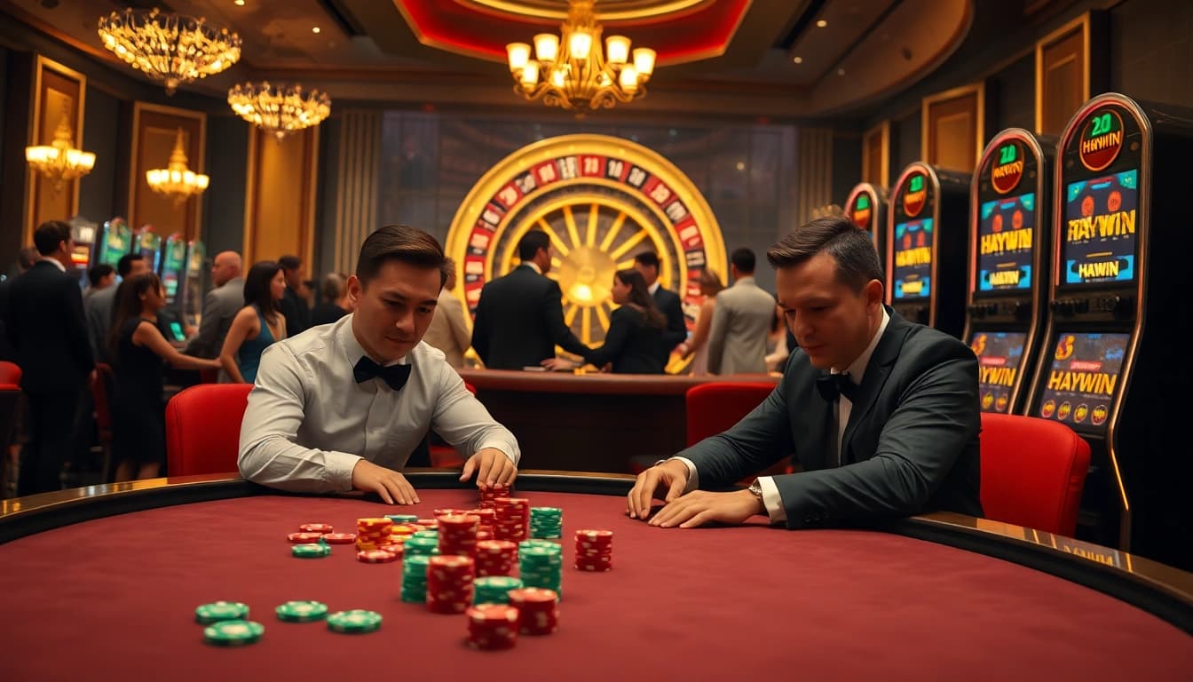 Players strategizing in an exciting HAYWIN poker game at an opulent casino table.