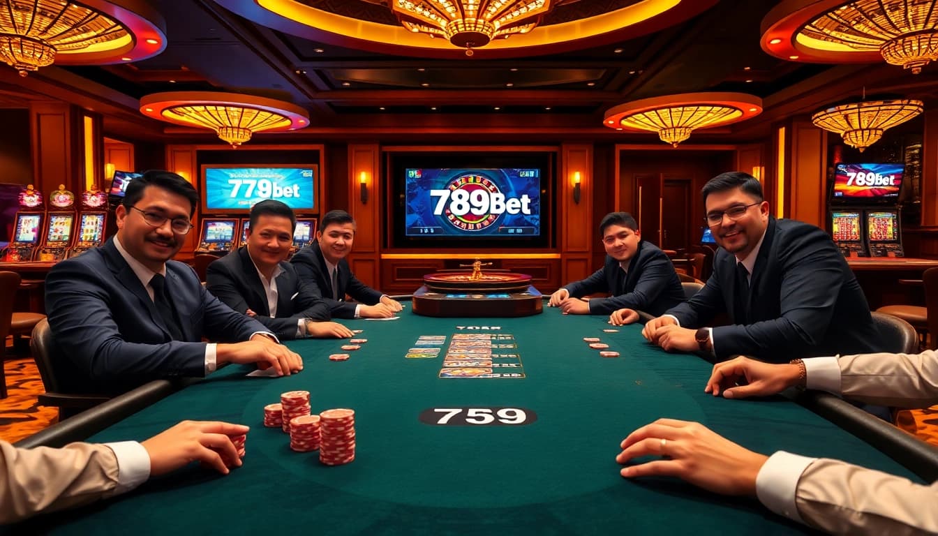 Players enjoying a professional poker game at the luxurious 789bet casino table amidst vibrant gaming elements.
