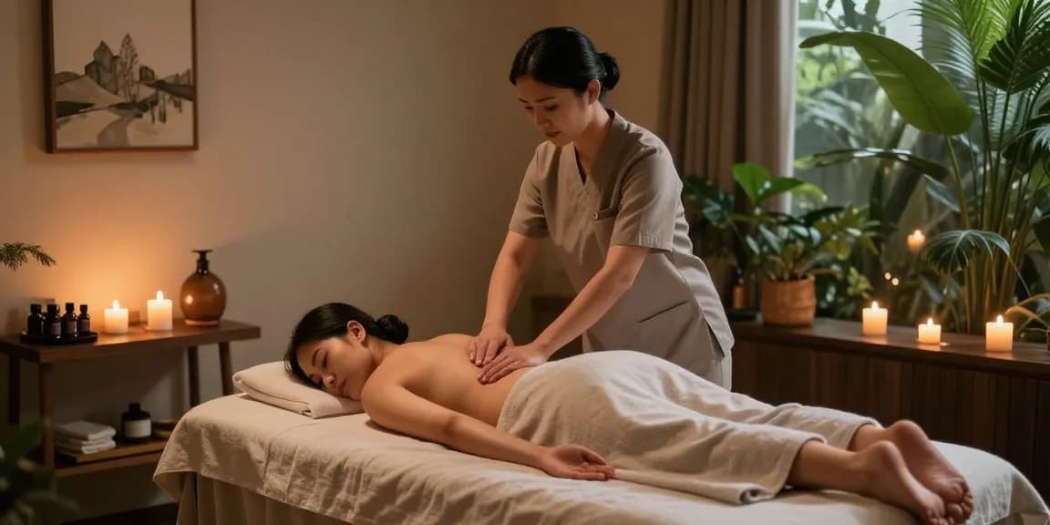 마사지 치료를 받는 고객과 치료사가 있는 편안한 스파 환경