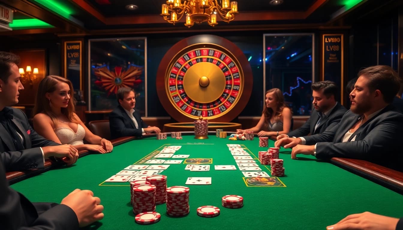 Players enjoying high-stakes poker at LV88 casino, showcasing excitement and luxury.
