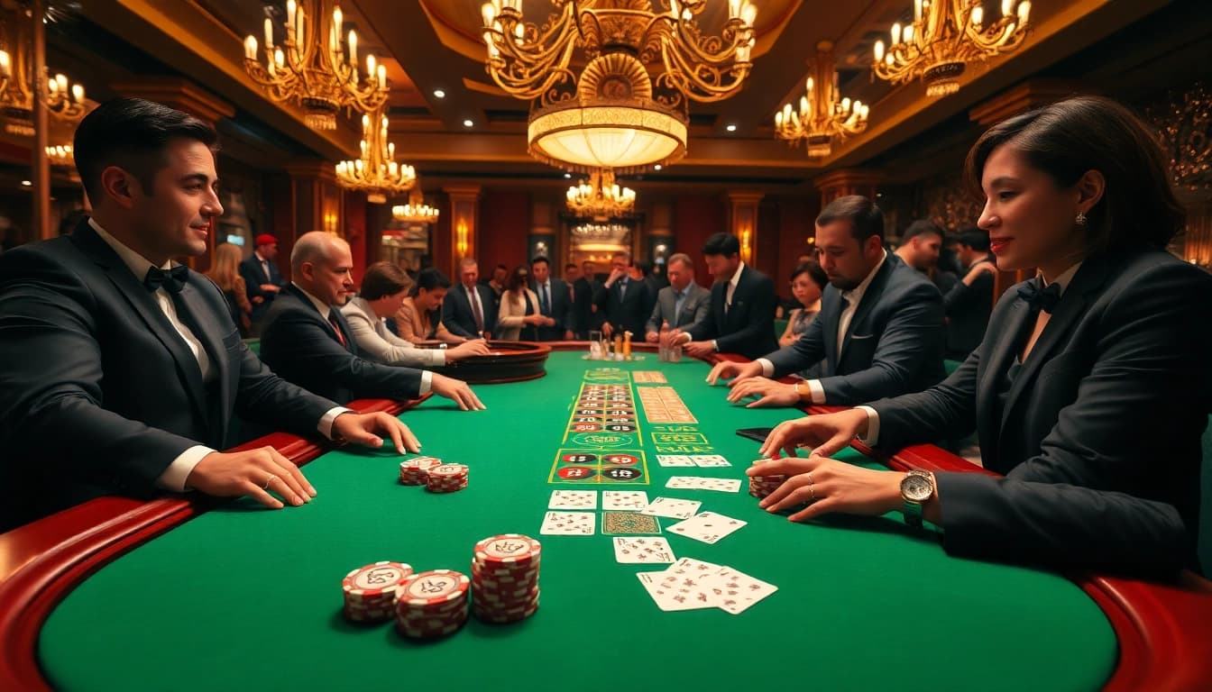 Players enjoying an exciting poker game at xx88 casino with luxurious decor.